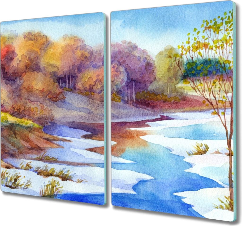 Coloray Hackbrett Kochplattenabdeckung Herdabdeckplatte 2x30x52 cm Schneidebrett Küchenbrett - Aquarell Baum Fluss