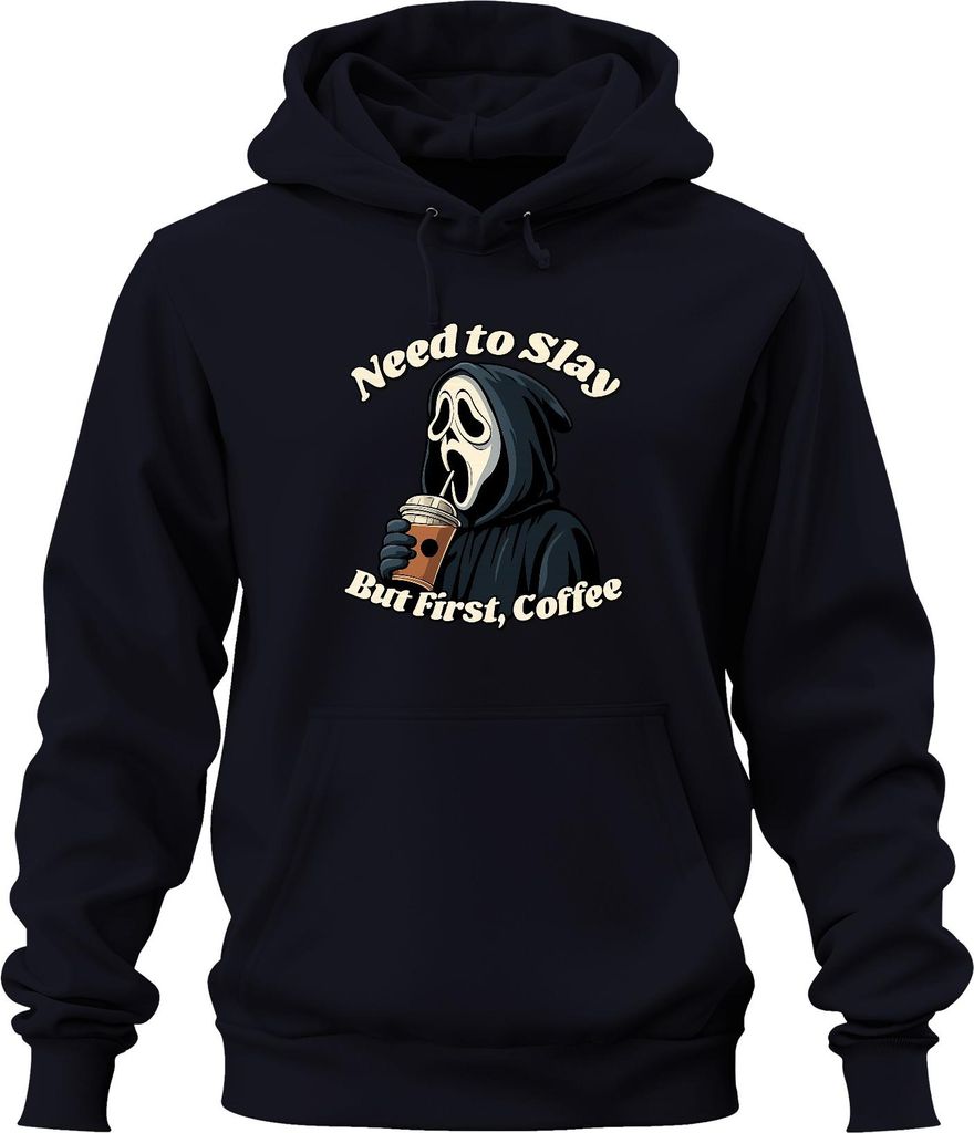 But First Coffee Sensenmann Halloween Kaffee Gothic Lustig Grusel Uni Hoodie Kapuzenpullover, Navy, S
