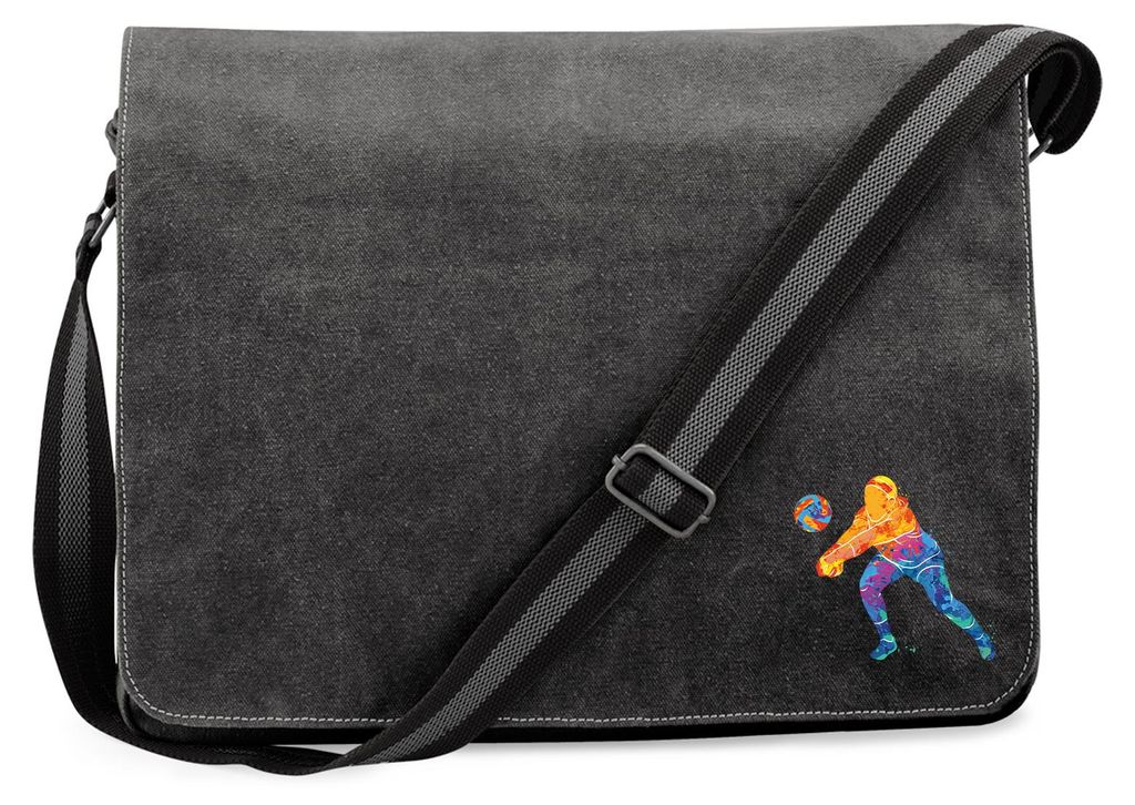 Huuraa Umhängetasche Volleyballerin bunte Silhouette 14 Liter Black Canvas Laptoptasche Geschenkidee