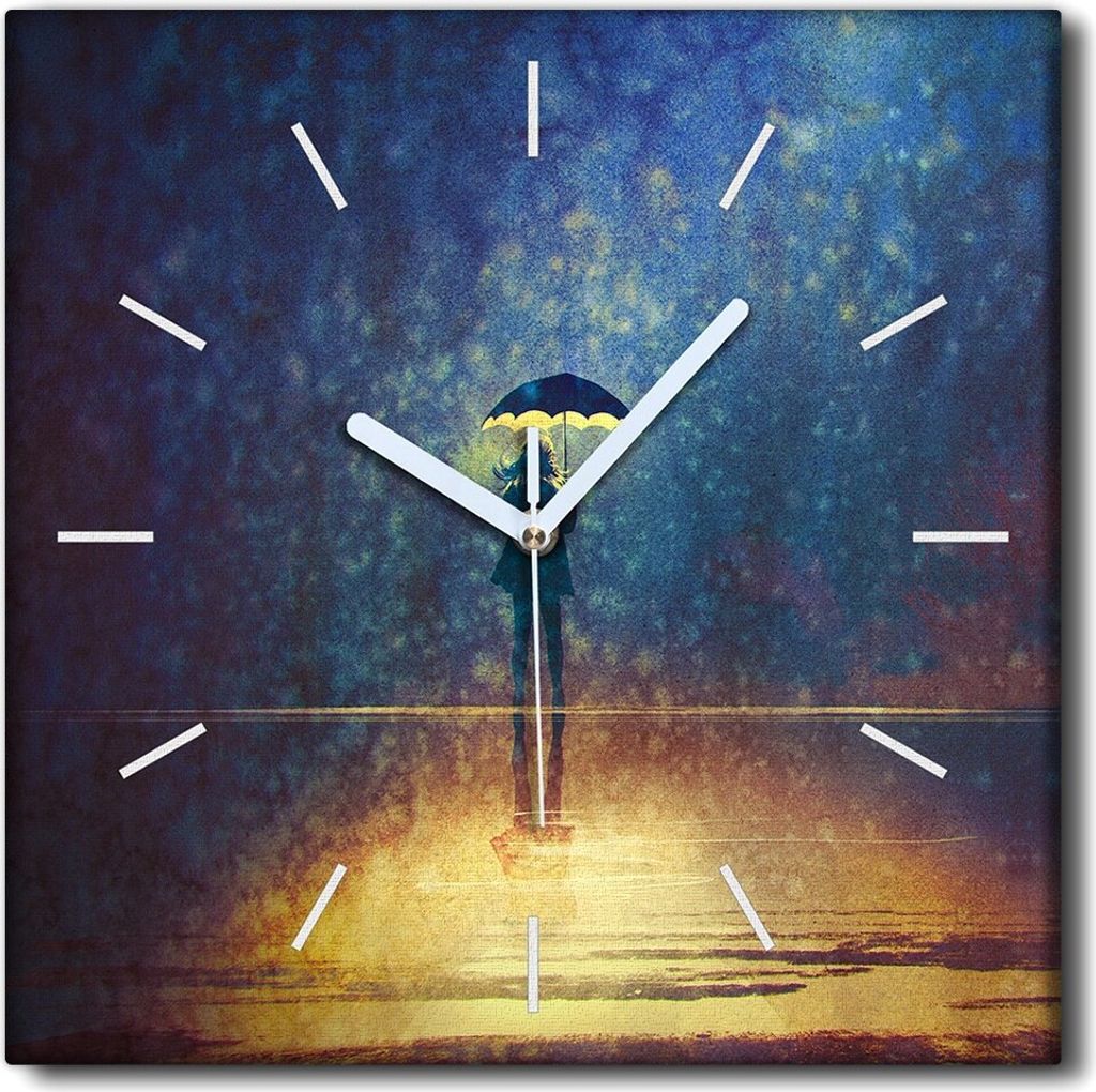 Coloray Uhr auf Leinwand 30x30 cm Wand Uhr Dekoration Wohnzimmer Segeltuch weiße Zeiger -Frau Regenschirmnacht