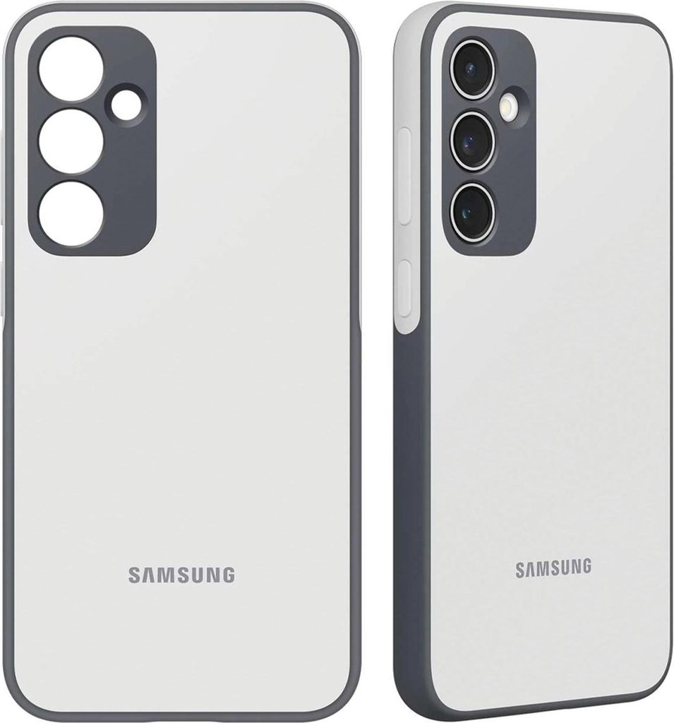 Two views of a light gray Samsung phone case with a dark gray border and camera cutout.