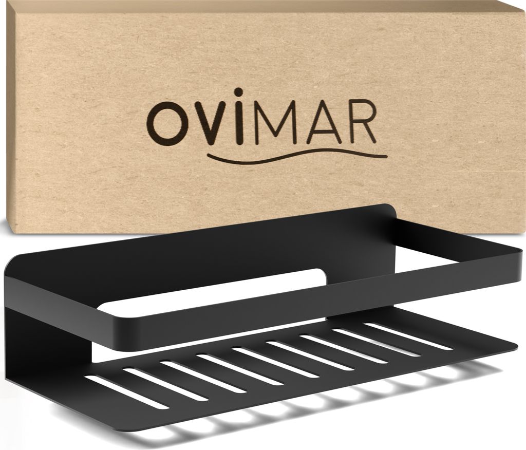 ovimar Duschkorb Hinnoya | rechteckig | schwarz matt | Edelstahl | ohne Bohren | zum Kleben | Duschablage | platzsparende Befestigung | für Badewa...