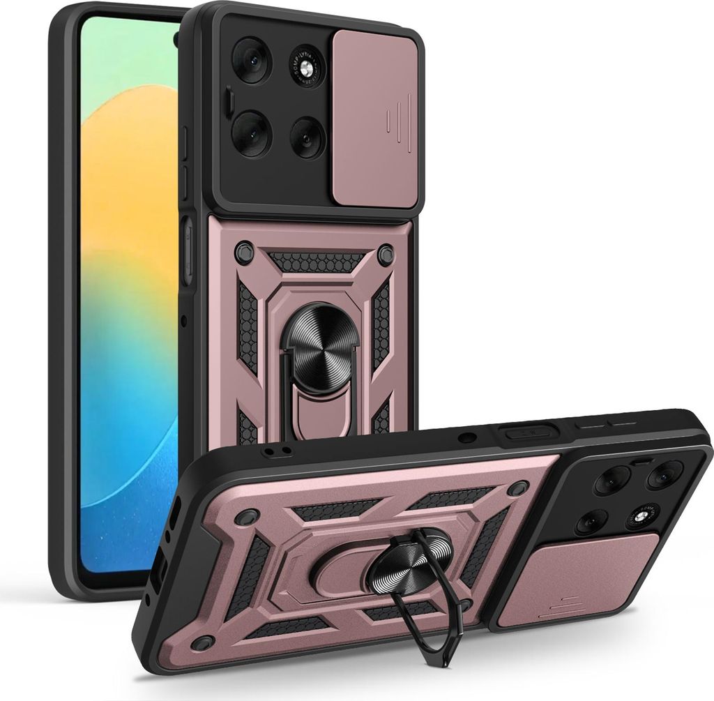 A rose gold and black phone case with a ring holder and camera cover is shown against a white background.