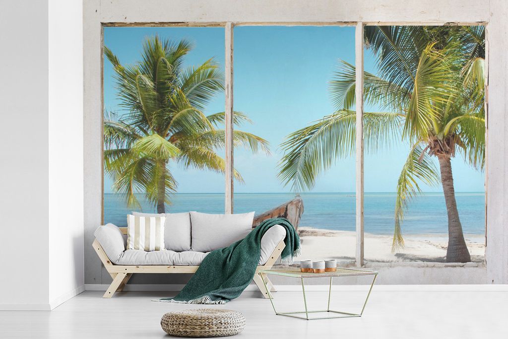 MuchoWow Fototapete für Wohnzimmer oder Schlafzimmer Wandtapete Vinyl Motivtapete Aussichtspunkt - Palmen - Strand - 600x400 cm - Vinyltapeten