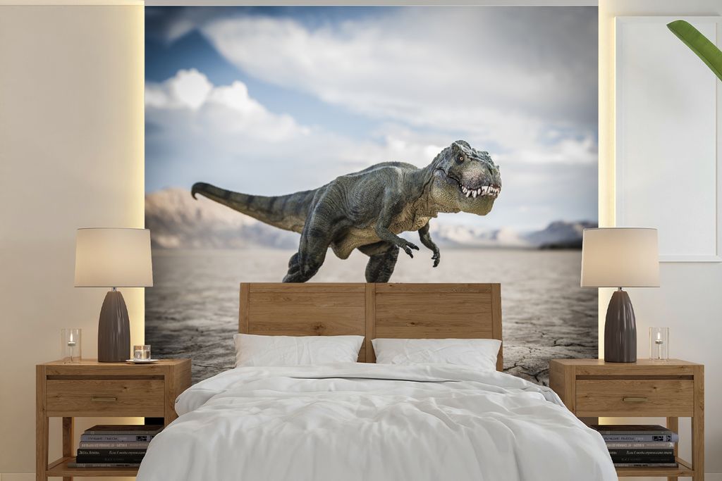 MuchoWow Fototapete für Wohnzimmer oder Schlafzimmer Wandtapete Vinyl Motivtapete Dinosaurier - Steine - Sand - 260x260 cm - Papiertapeten