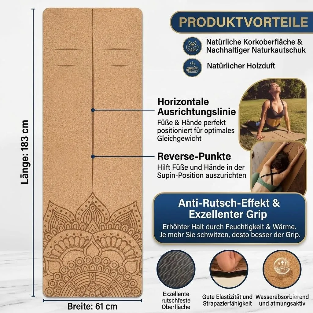 Tapis de sport en liège durable 183 cm, surface antidérapante à motif