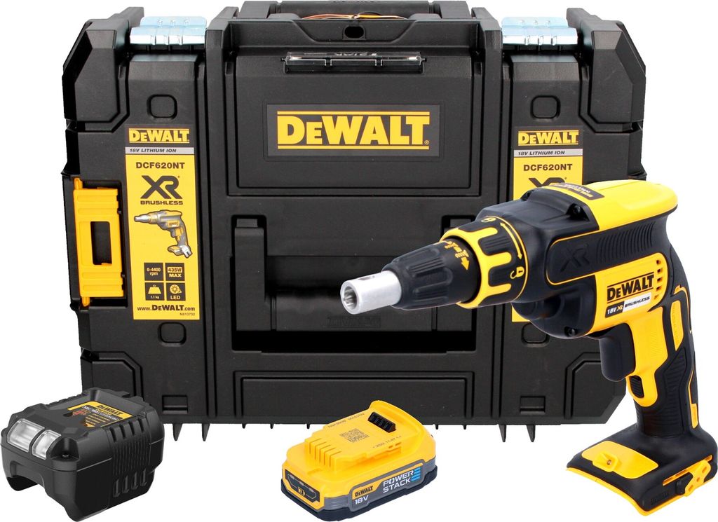 DeWalt DCF 620 E1T Akku Trockenbauschrauber 18 V 30 Nm Brushless + 1x Powerstack Akku 1,7 Ah + Ladegerät + TSTAK