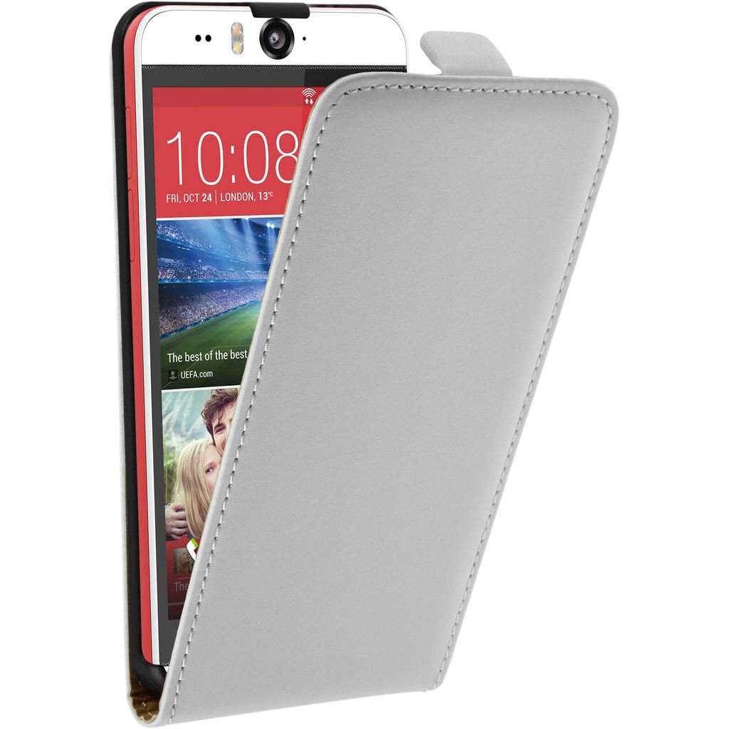 PhoneNatic Kunst-Lederhülle kompatibel mit HTC Desire Eye - Flip-Case weiß + 2 Schutzfolien