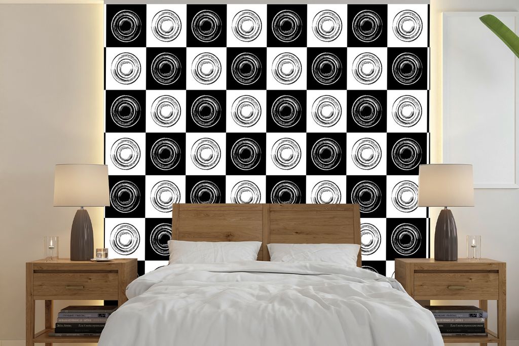 MuchoWow Fototapete für Wohnzimmer oder Schlafzimmer Wandtapete Vinyl Motivtapete Muster - Schachbrett - Schwarz und Weiß - 240x240 cm - Schlaf...