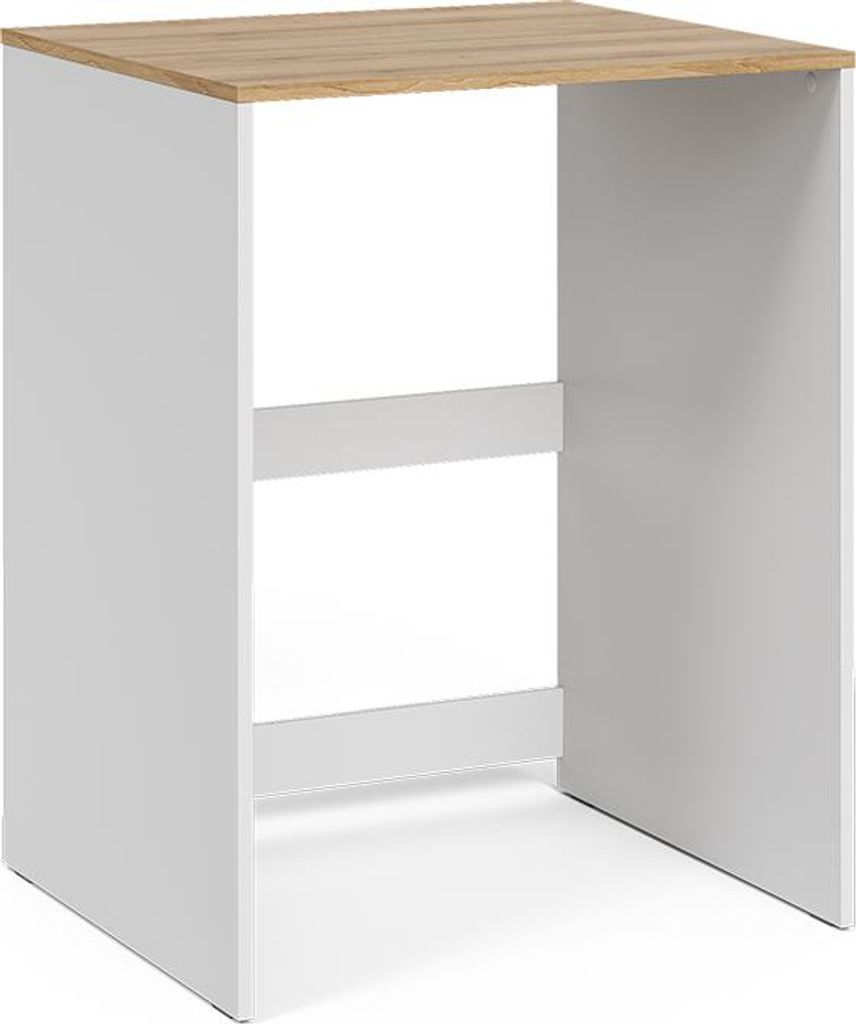 A white and wood-colored washing machine cabinet is shown against a white background.