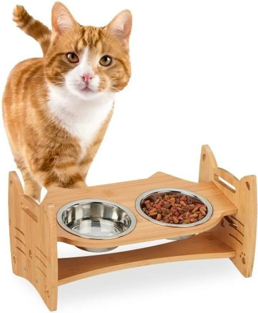 Station d'alimentation réglable en hauteur pour chat avec bols en inox