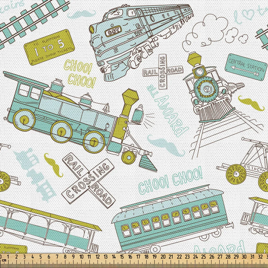 Tissu pour rideaux chambre garçon motif train vintage 3 m vert turquoise