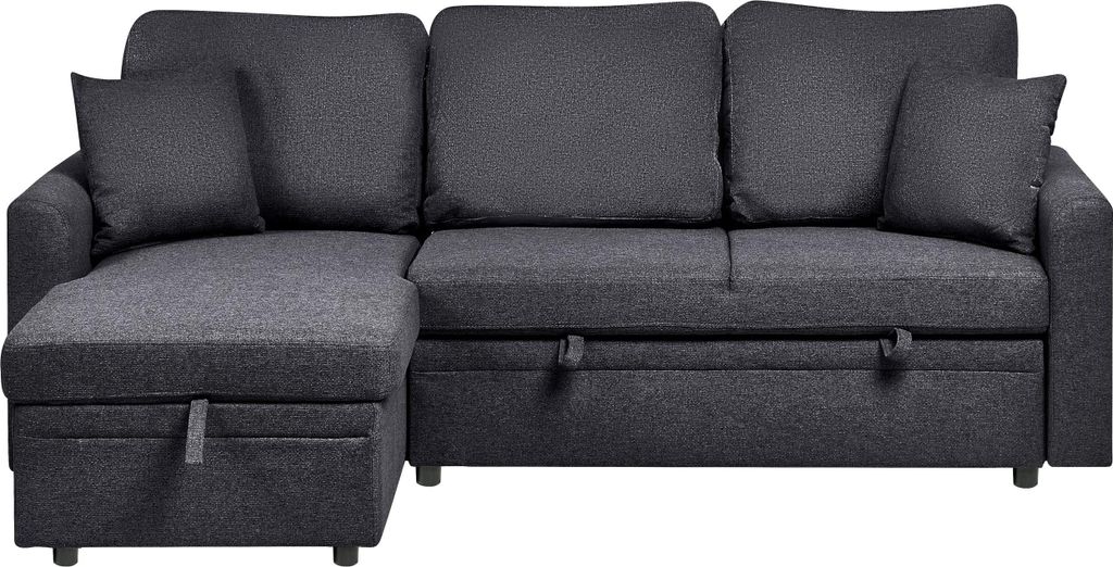 BELIANI Ecksofa mit Schlaffunktion Schwarz Kunstleinen Stoff L-Förmig 3-Sitzer Sofa Rechtsseitig mit Stauraum Kissen Gepolstert Stoffsofa Schlafcouch