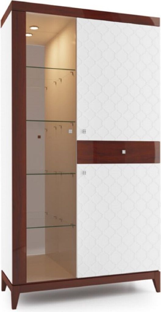 Casa Padrino Luxus Vitrinenschrank Weiß / Hochglanz Braun 111,2 x 45 x H. 205 cm - Beleuchteter Wohnzimmerschrank mit 2 Türen und Schublade - Woh...