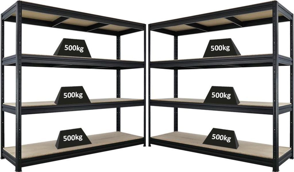 Mega Deal | 2x Schwerlastregal DINO | HxBxT 180x200x60cm | 4 Spanplatten-Ebenen 16mm | Fachlast 500kg | Schwarz