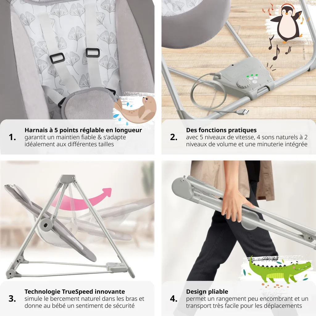 Balancelle bébé pliable 5 vitesses de bercement avec timer intégré - 5