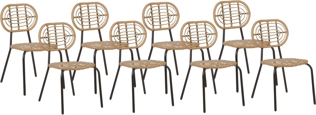 BELIANI Gartenstuhl 8er Set Natürlich PE-Rattan mit Schwarzem Metallgestell Hoher Rückenlehne Boho Garten Outdoor Terrasse Ausstattung Möbel