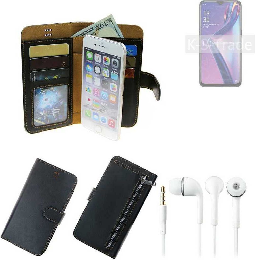 TOP SET Handy Hülle Schutz Hülle kompatibel mit Oppo A12s schwarz aus Kunstleder + Kopfhörer Smartphone Tasche vollwertige Geldbörse K-S-Trade