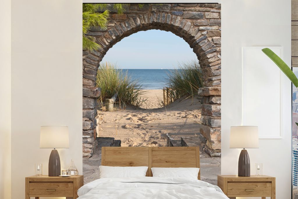 MuchoWow Fototapete für Wohnzimmer oder Schlafzimmer Wandtapete Vinyl Motivtapete Aussicht - Strand - Düne - Pflanzen - 200x300 cm - Wanddekora...