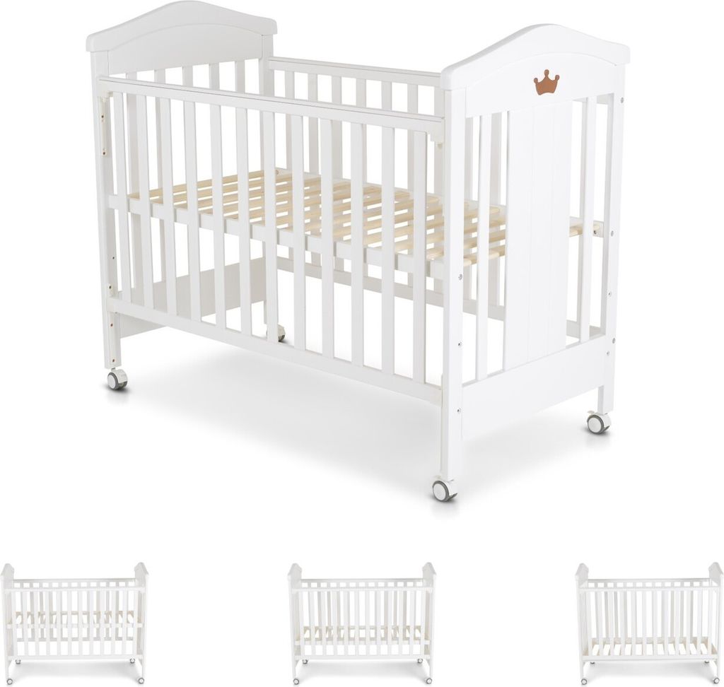 A main image of a white baby crib with three smaller images of the same crib below it.
