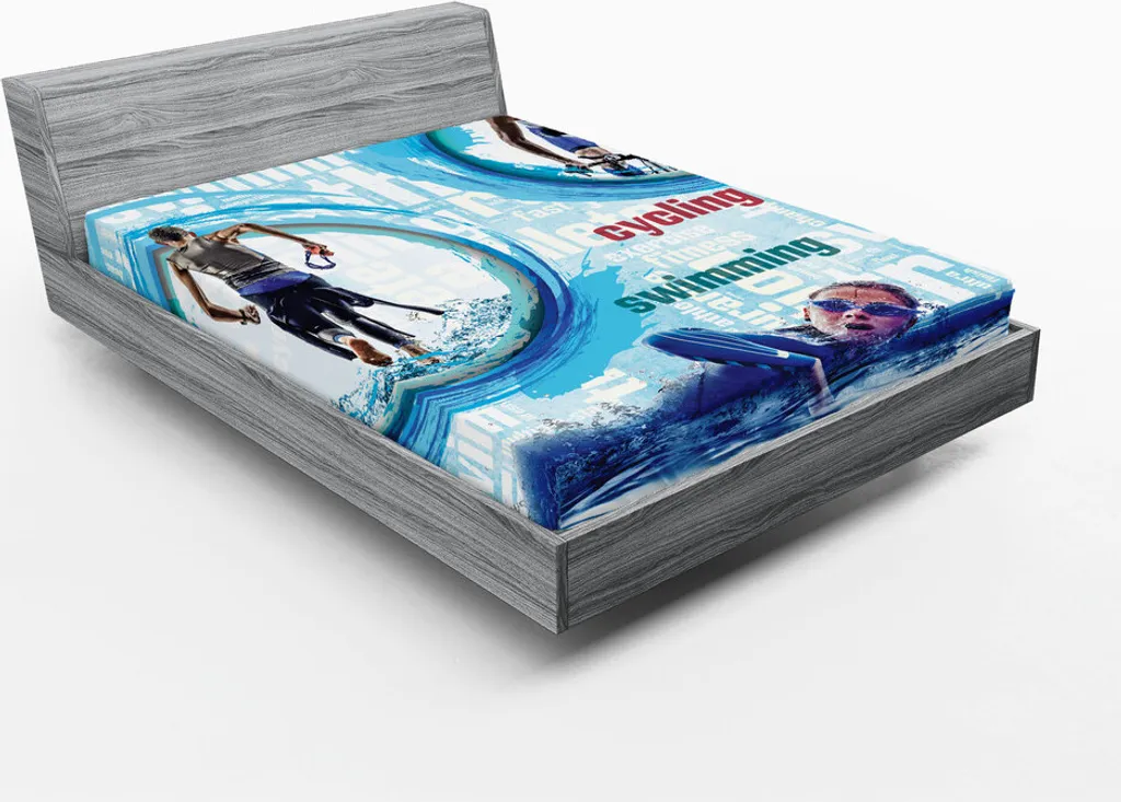 ABAKUHAUS Lenzuolo con angoli per triathlon, disegno dettagliato realizzato a mano di animali domestici con sfondo stampato con impronte di zampe e ossa, 180 x 200 cm, azzurro e multicolore