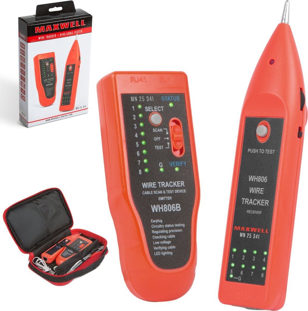 Netzwerktester - RJ45- und RJ11-Kabeltester - Inkl. 2x Batterien - Inkl. RJ11- und RJ45-Kabel - Inkl. Ohrstöpsel und Aufbewahrungsbox!