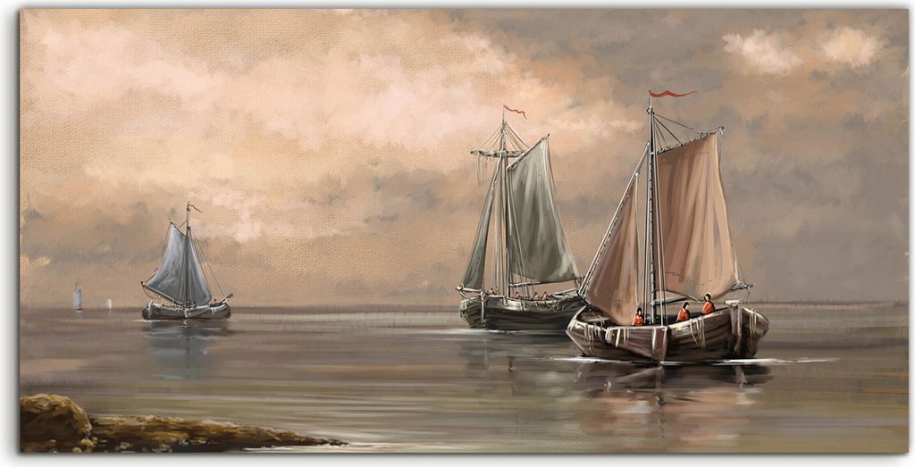 Coloray Spritzschutz aus Glas 140x70 Wandkunst Küchenrückwand Meer Landschaft Fischer boote Schiffe