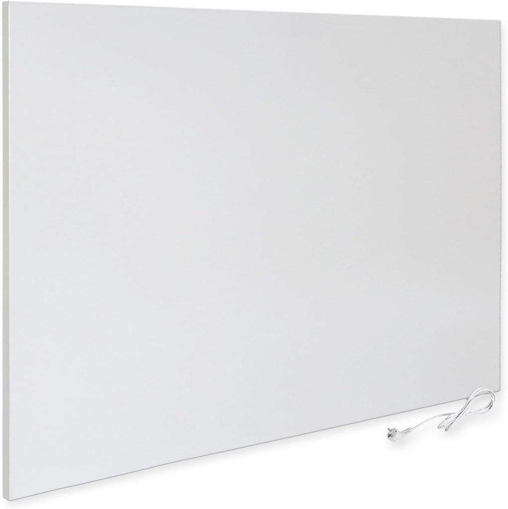 A white infrared heating panel with a power cord attached.