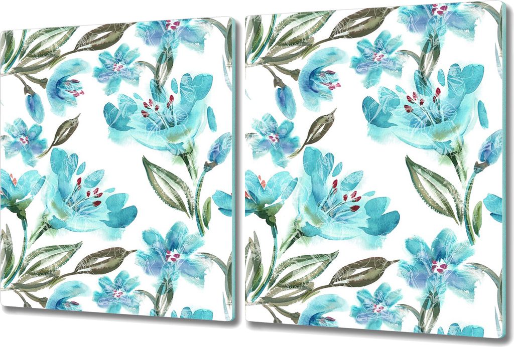 Glas Schneidebrett Herdabdeckplatten Schneideplatten - 2x 40x52 cm - Türkis Blumen Natur