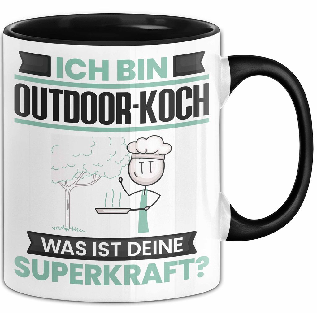 Outdoor-Koch Tasse Geschenk für Outdoor-Koch Geburtstag Lustiger Spruch Kaffee-Becher Was Ist Deine Superkraft (Schwarz)