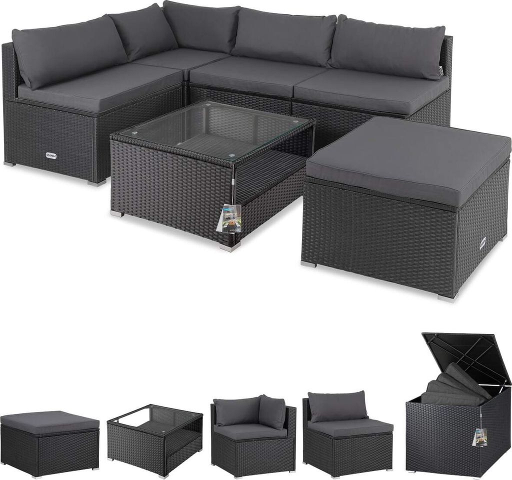 CASARIA Gartenmöbel Set Lounge inkl. Auflagenbox 318L Outdoor mit Tisch Auflagen Wetterfest Polyrattan Garten Schwarz Anthrazit Balkon Terrassen...