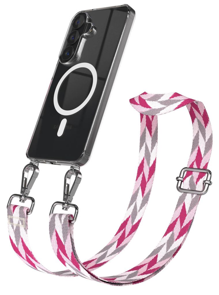 EAZY CASE - Handykette mit MagSafe Hülle für Samsung Galaxy S26, Handyband Mix Style, Karabiner Silber, Umhängeband in Pink