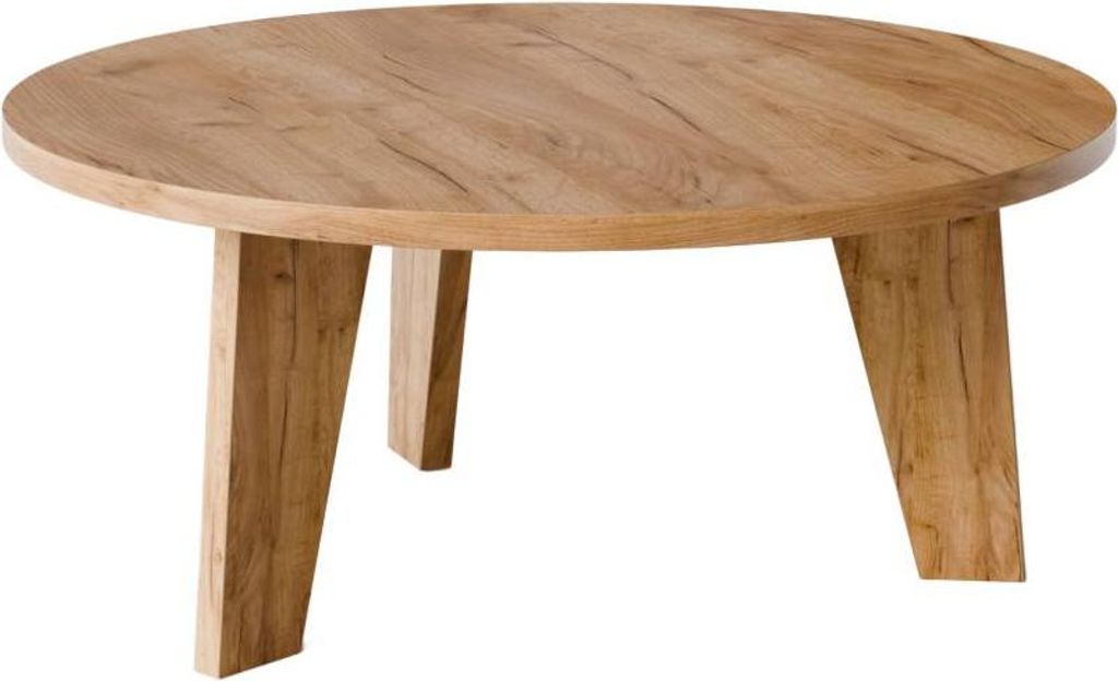 A round wooden coffee table with three angled legs, shown against a white background.