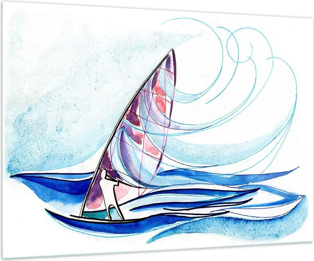 Bilder auf glas - Windsurfen Grafik Illustration Sommer - 100x70cm - Glasbilder - Wandbilder - Kunstdruck - Wanddekoration aus Glas - Glas Bilder -...