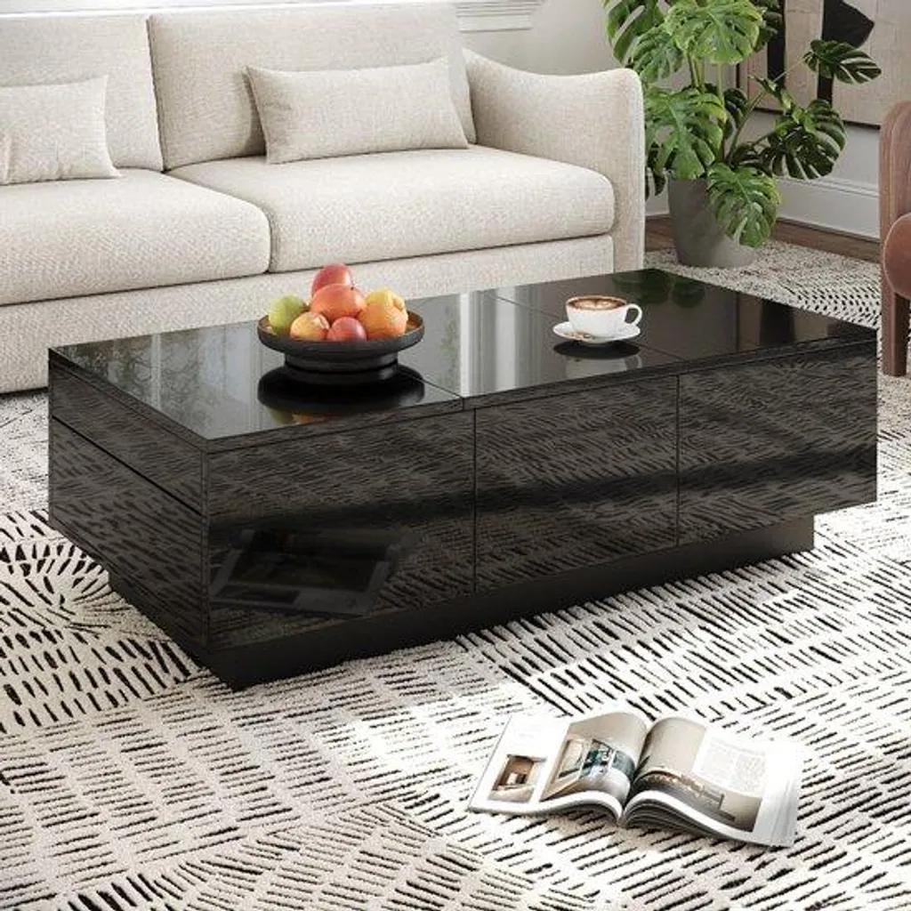Table basse extensible rectangulaire laquée blanc brillant avec tiroir