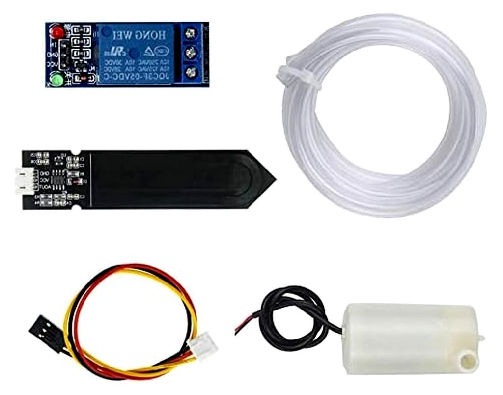 Automatisches Bewässerung DIY Set mit Tutorial, Bodenfeuchtesensor, 1 Kanal 5 V Relais Modul, Mini Wasserpumpe und 1M PVC Schlauch für Arduino