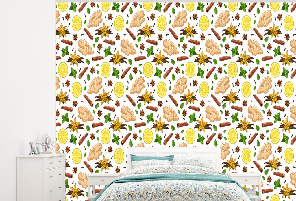 MuchoWow Fototapete für Wohnzimmer oder Schlafzimmer Wandtapete Vinyl Motivtapete Ingwer - Zimt - Zitrone - Anis - 325x260 cm - Tapete