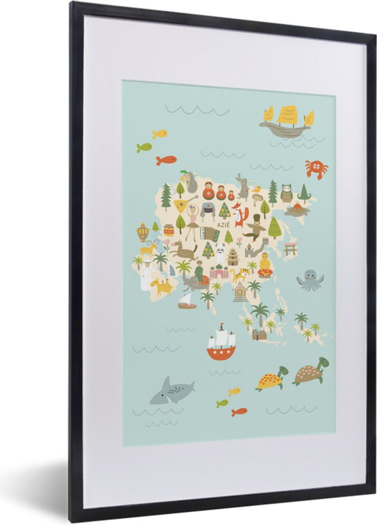MuchoWow MuchoWow Gerahmtes Poster Weltkarte Kinder - Farben - Asien 40x60 cm - Poster mit zchwarzem Bilderrahmen - Poster in Rahmen