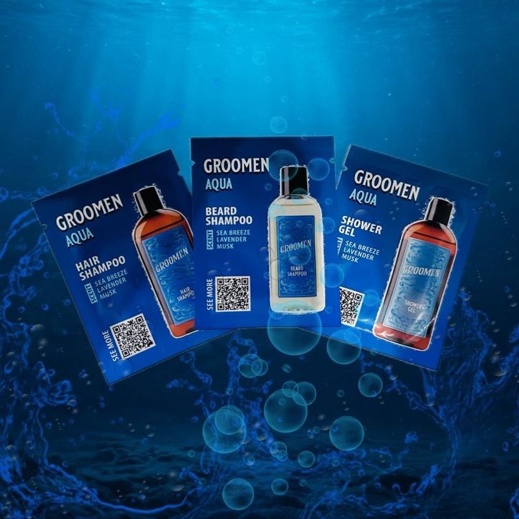 Groomen - Aqua - Gel, Shampoo für Bart und Haare - 3x5 ml