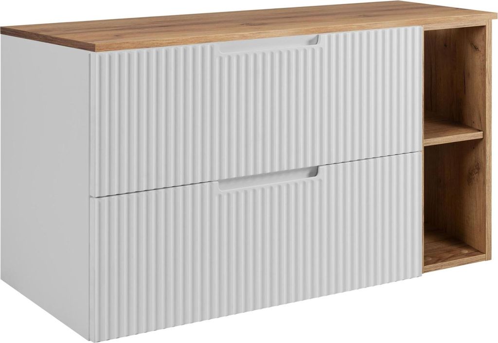 RODAN | Badschrank - Weiß und Braun - 80 cm - 2 Softclose Schubladen - Geriffelte Fronten