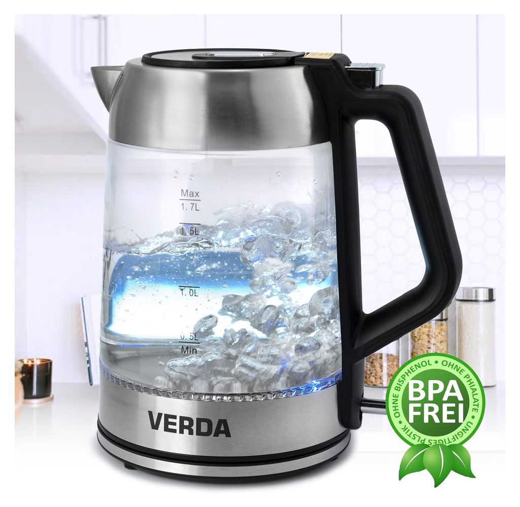 Wasserkocher 1,7L (2200W) aus Glas und Edelstahl, LED-Beleuchtung, OneTouch-Verschluss, Kabelaufwicklung, Glas, 100% BPA FREI SN0617L-12