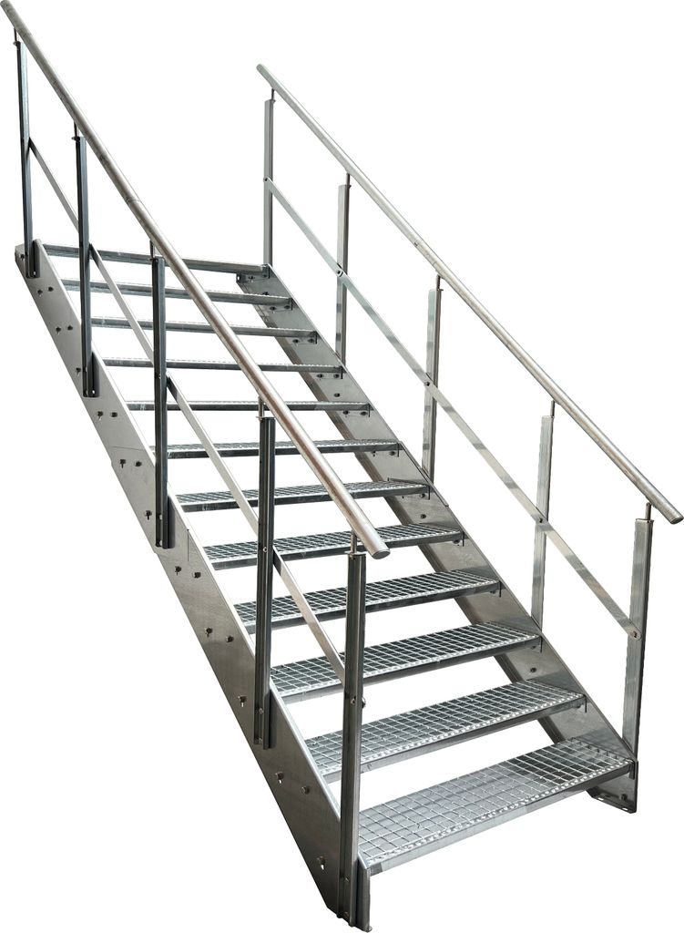 Stahl Wangentreppe Gitterroststufen 12 Stufen beidseitiges Geländer - Verzinkt - (B x H x T) 80 x 228 x 234 cm