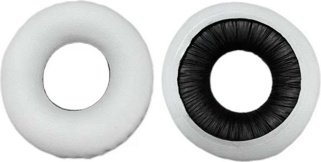 Two ear pads for headphones are shown side-by-side against a white background. One ear pad is white, and the other is white with a black interior.
