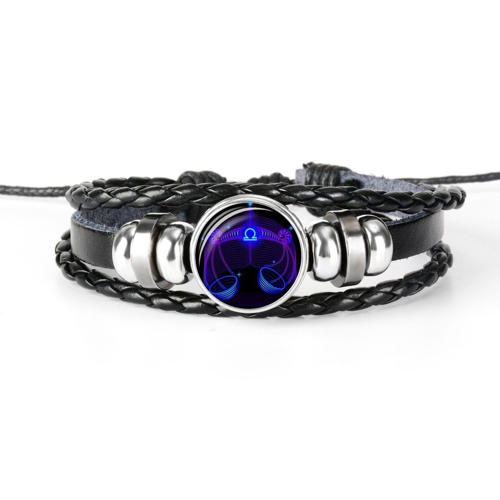 ANTCOOL12 Sternzeichen Charme Armbänder Männer und Frauen Mode mehrschichtigen gewebten Lederarmband Armband Geburtstag Geschenk(Waage)