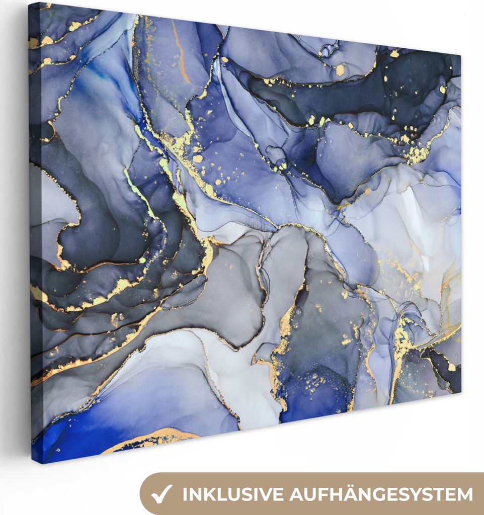 MuchoWow - Leinwandbilder - Marmor - Gold - Abstrakt - Blau, Wandbild, Wanddeko Bilder Wohnzimmer, 40x30 cm