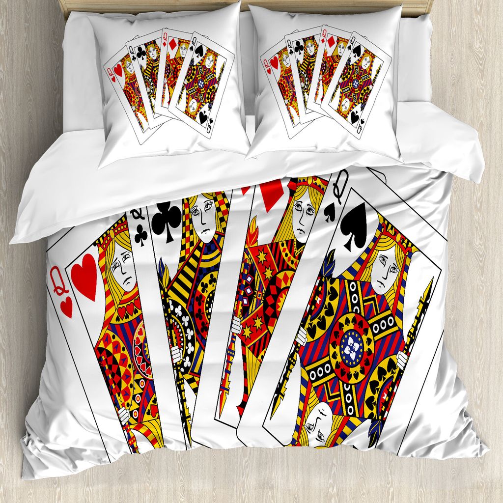 ABAKUHAUS Königin Bettbezug, Queens Poker Play Cards, Milbensicher Allergiker geeignet mit Kissenbezügen, 200 cm x 200 cm - 80 x 80 cm, Schwarz R...