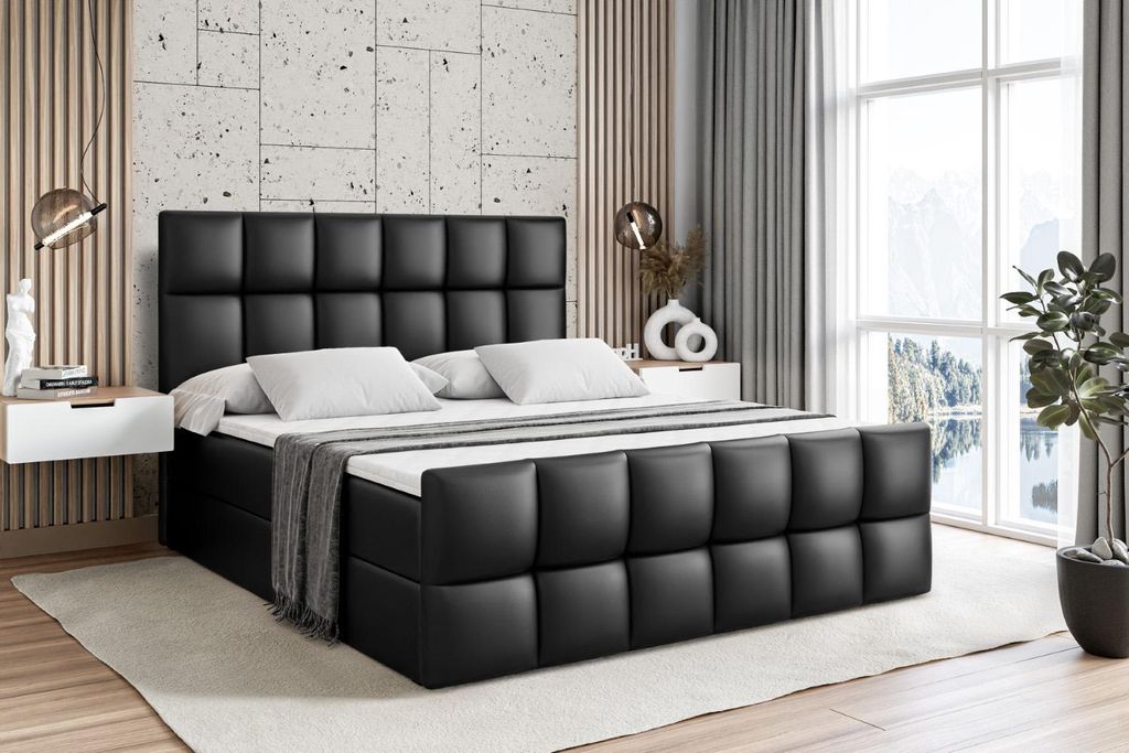ALTDECOR Boxspringbett mit Matratze und Lattenrost - RICAR -Z - 160x200 cm - Schwarz Kunstleder - Boxbett, Fußteil, Topper, Polsterbett mit Bettka...