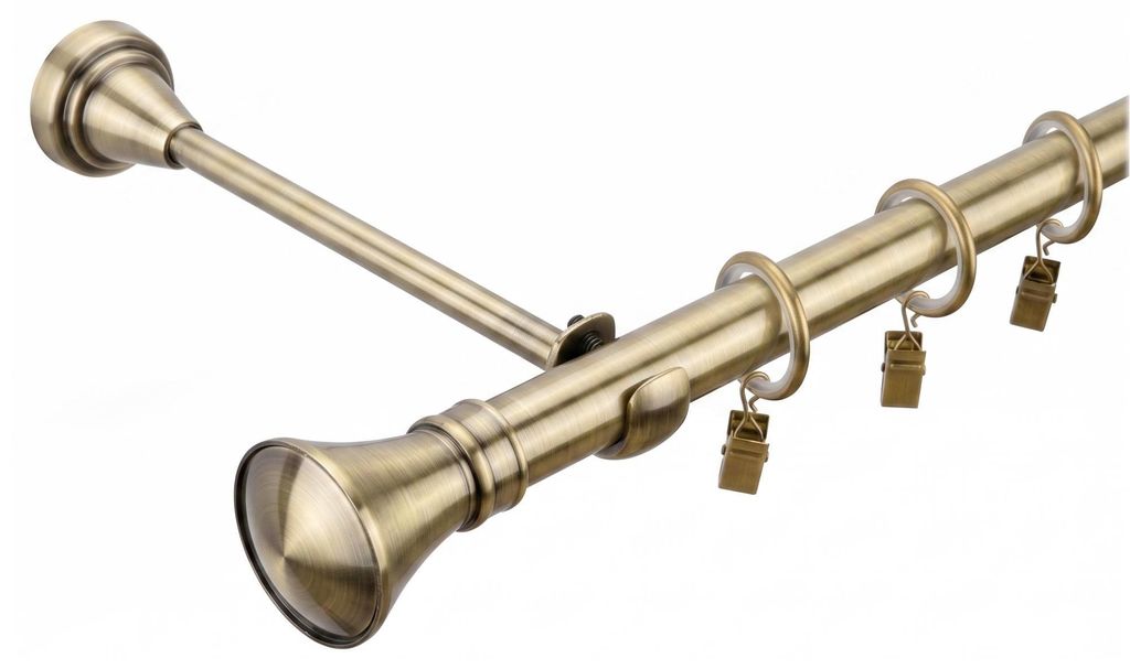 Gardinenstange 280 cm 1-läufig Antikgold 19 mm Durchmesser Glamour Endstück Monaco Vorhangstange Metall-Gardinenstange Curtain Rod