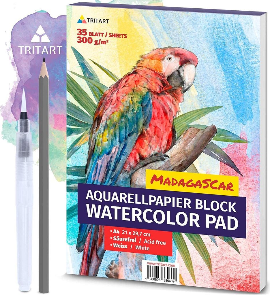 Tritart HOCHWERTIGES Aquarellpapier 300g | Din A4 | Weiß | 35 Blatt | Aquarellblock inkl. Water Brush und Bleistift