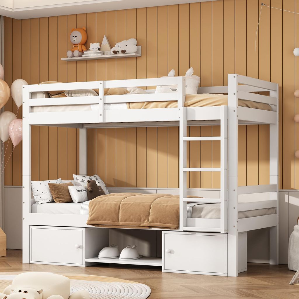 Merax Etagenbett 90x200 cm für Kinder, Kinderbett teilbar in 2 Einzelbetten, mit Schuhregalen & Schließfächern, Jugendbett aus Kiefernholz & MDF...